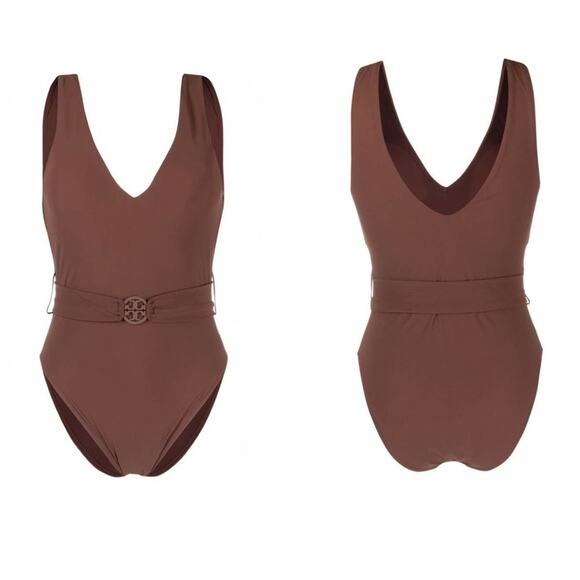 Tory Burch Miller Plunge One Piece Logo Belted Swimsuit - Picture 6 of 10